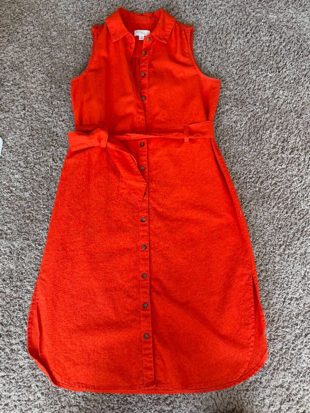 EUC Medium Bright Red Orange Linen Blend Belted Shirt Dress Morgan Taylor